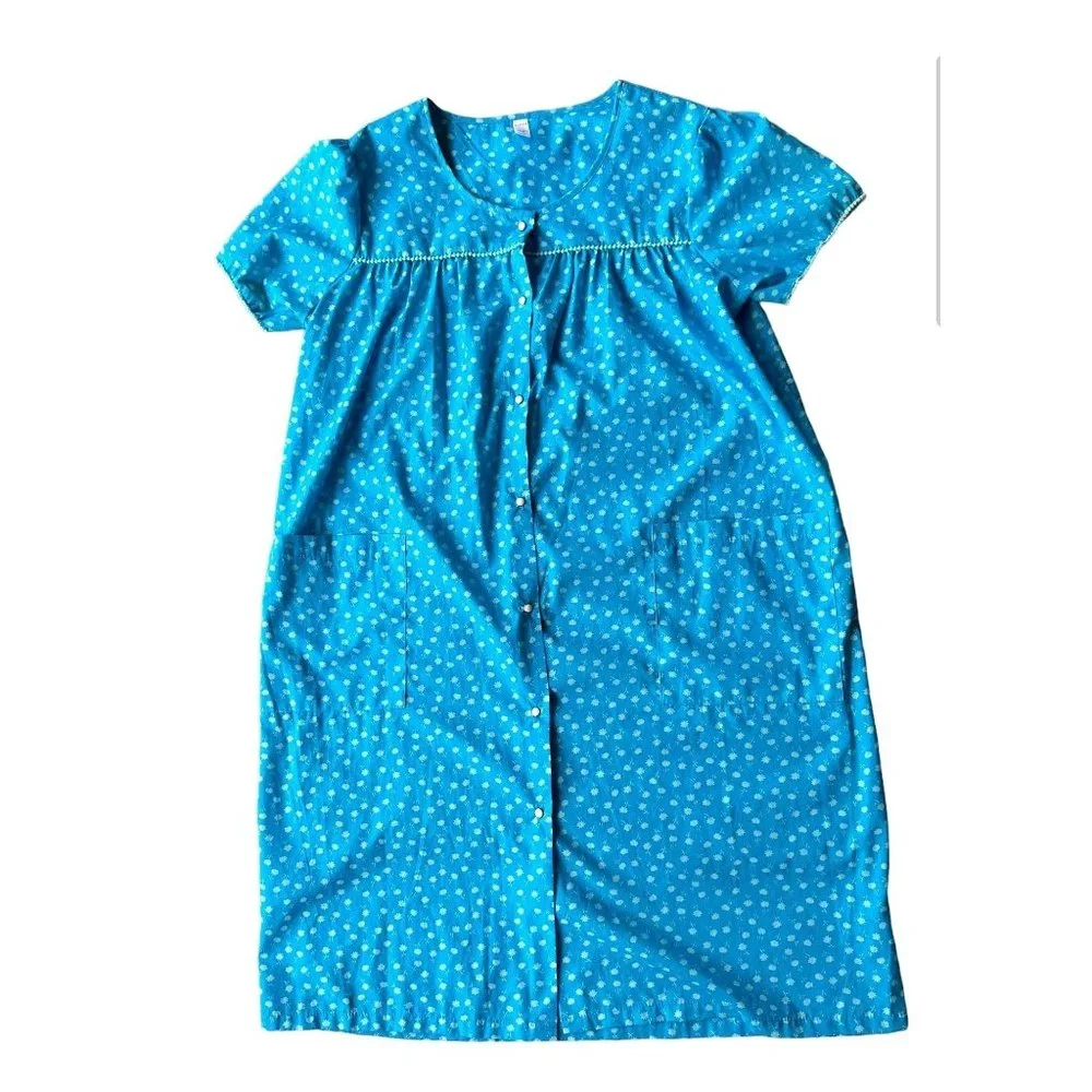 VTG KMart Nightgown Patio Dress Duster Larg Muumuu  Blue Floral House Dr… - Picture 2 of 12